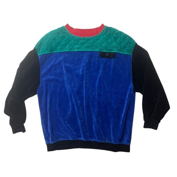Vintage 80s Koret Colorblock Velour Sweatshirt Womens Large Eighties Costume - Picture 3 of 9